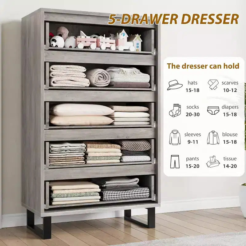 5 Dresser for Bedroom, 51 Tall Dresser, Freestanding Vertical Drawer Cabinet with Storage, Wooden Closet Storage Chest for Living Room, Bedroom