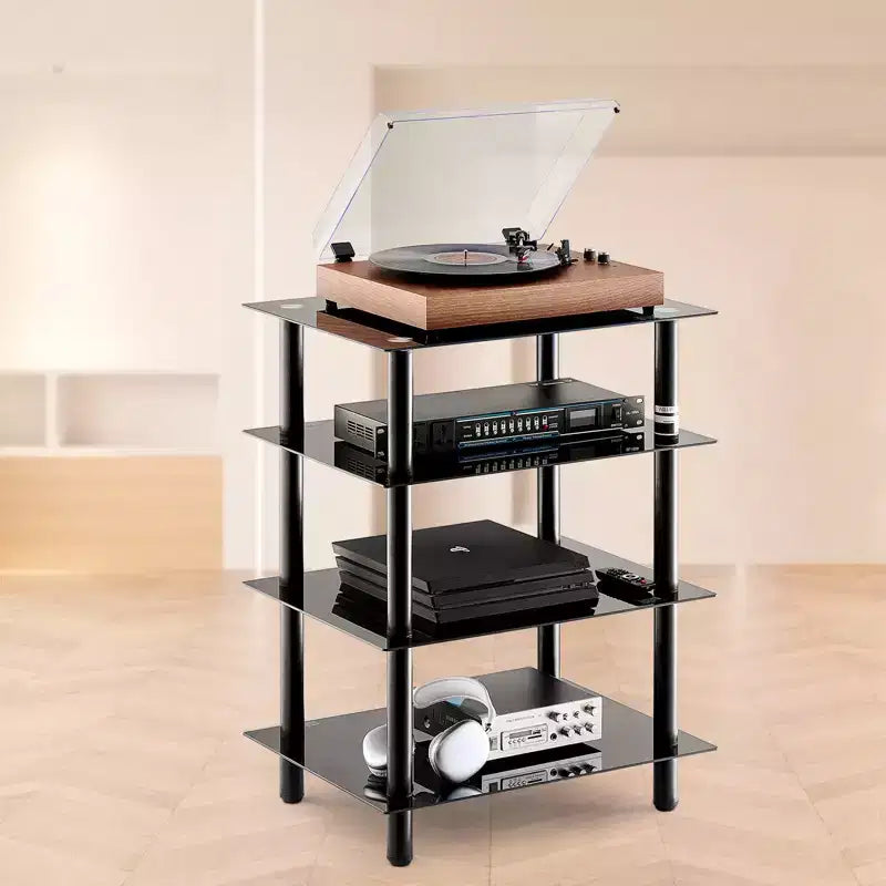 4-Tier AV Media Stand, Audio/Video Stand with Strengthened Tempered Glass Shevles for DVD/Cable Boxes/Games Consoles, Height Adjustable