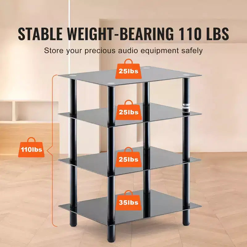 4-Tier AV Media Stand, Audio/Video Stand with Strengthened Tempered Glass Shevles for DVD/Cable Boxes/Games Consoles, Height Adjustable