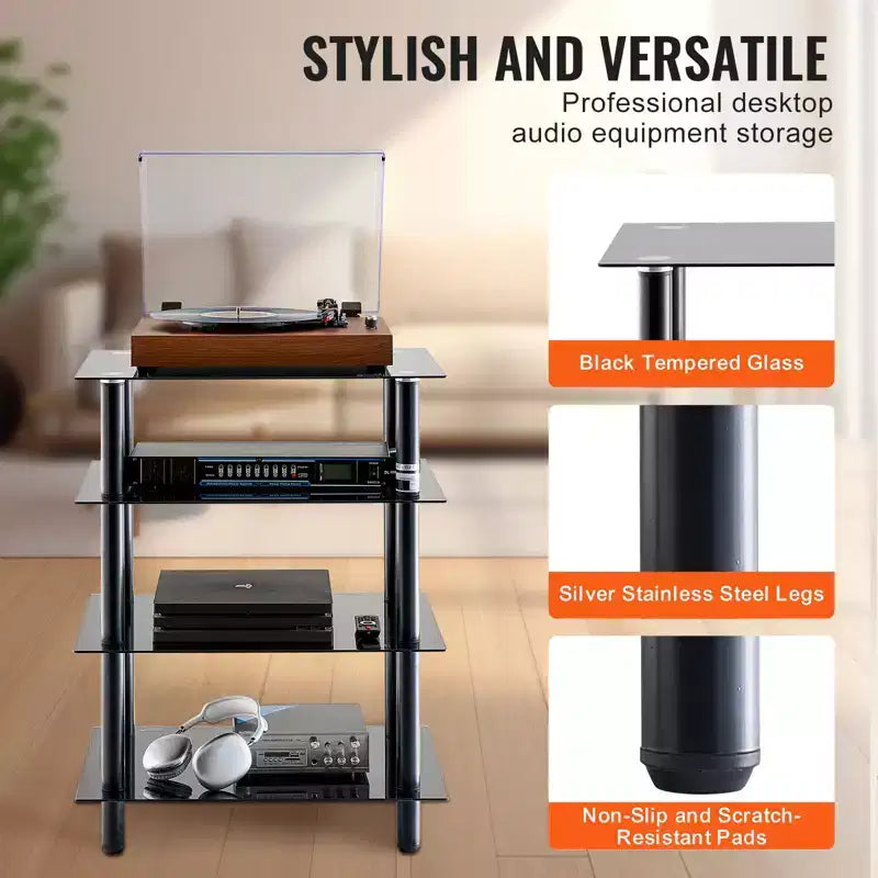 4-Tier AV Media Stand, Audio/Video Stand with Strengthened Tempered Glass Shevles for DVD/Cable Boxes/Games Consoles, Height Adjustable