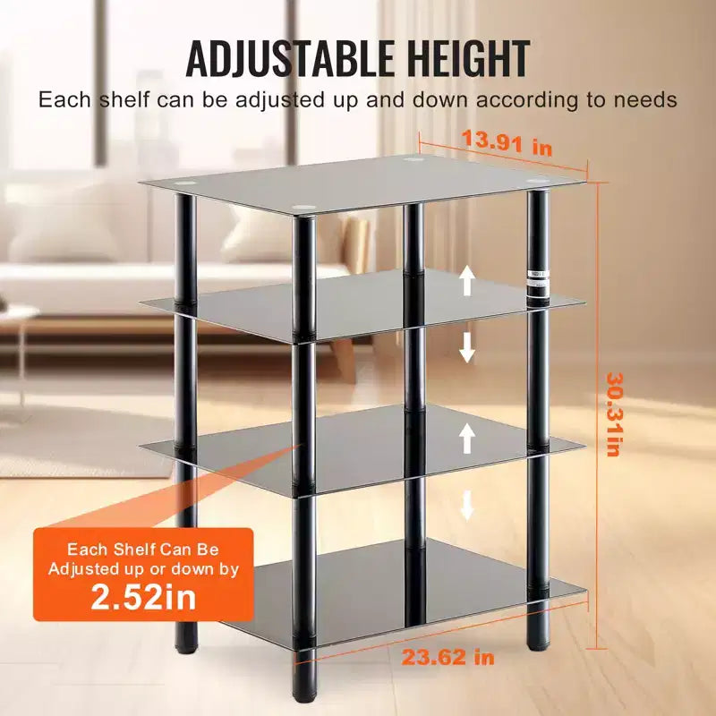 4-Tier AV Media Stand, Audio/Video Stand with Strengthened Tempered Glass Shevles for DVD/Cable Boxes/Games Consoles, Height Adjustable