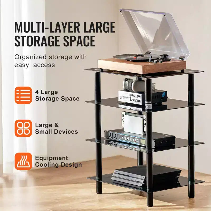 4-Tier AV Media Stand, Audio/Video Stand with Strengthened Tempered Glass Shevles for DVD/Cable Boxes/Games Consoles, Height Adjustable