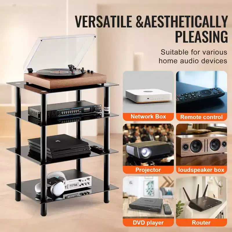 4-Tier AV Media Stand, Audio/Video Stand with Strengthened Tempered Glass Shevles for DVD/Cable Boxes/Games Consoles, Height Adjustable