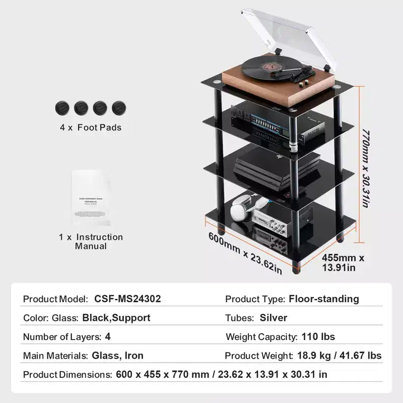 4-Tier AV Media Stand, Audio/Video Stand with Strengthened Tempered Glass Shevles for DVD/Cable Boxes/Games Consoles, Height Adjustable
