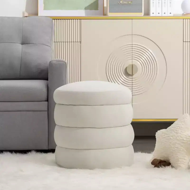 Soft Velvet Round Ottoman Footrest Stool, Ivory