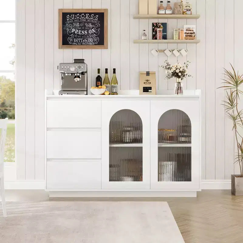 Sideboard Buffet Cabinet with Glass Door, Modern Storage Cabinet with Led Lights and Adjustable Shelves for Living Room, Dining Room, White