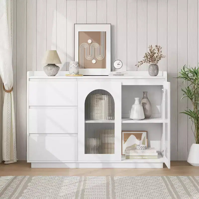 Sideboard Buffet Cabinet with Glass Door, Modern Storage Cabinet with Led Lights and Adjustable Shelves for Living Room, Dining Room, White