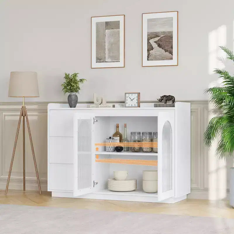 Sideboard Buffet Cabinet with Glass Door, Modern Storage Cabinet with Led Lights and Adjustable Shelves for Living Room, Dining Room, White