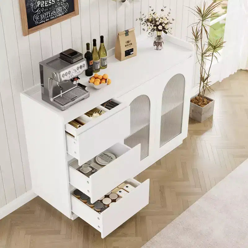 Sideboard Buffet Cabinet with Glass Door, Modern Storage Cabinet with Led Lights and Adjustable Shelves for Living Room, Dining Room, White