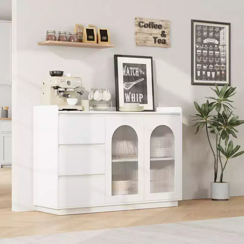 Sideboard Buffet Cabinet with Glass Door, Modern Storage Cabinet with Led Lights and Adjustable Shelves for Living Room, Dining Room, White