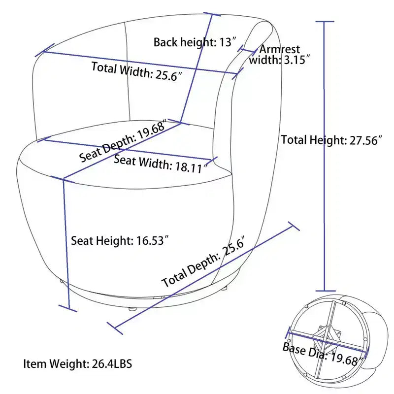 Velvet Fabric Swivel Accent Armchair Barrel Chair With Black Powder Coating Metal Ring, Blue