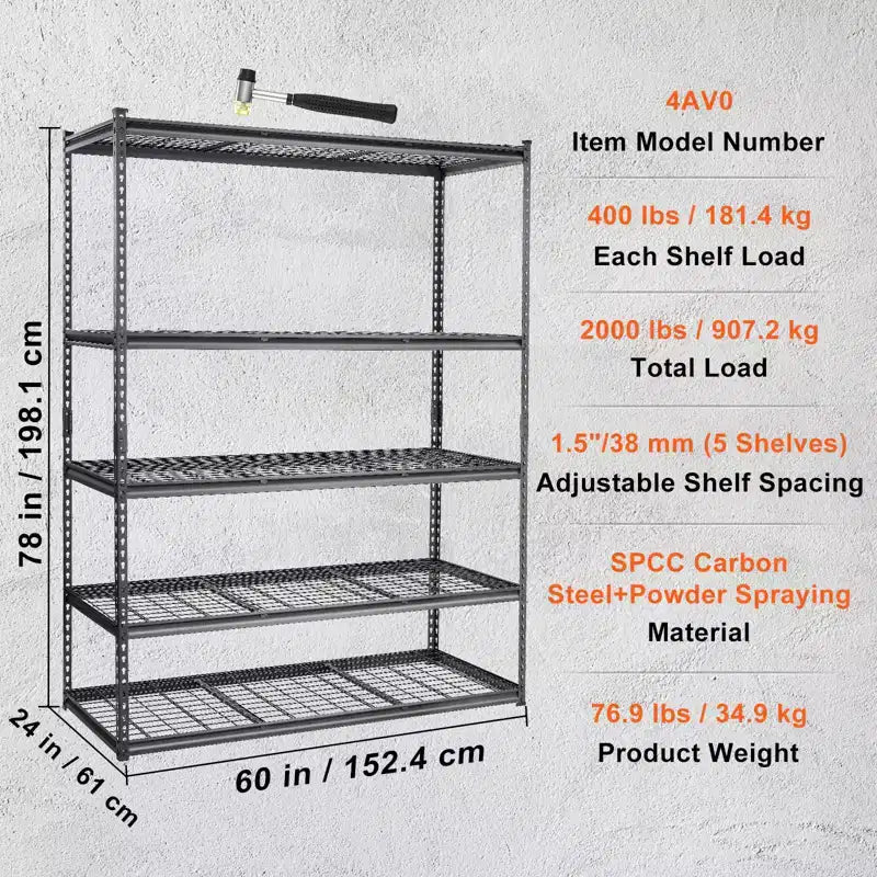 Storage Shelving Unit, 5-Tier Adjustable, 2000 lbs Capacity, Heavy Duty Garage Shelves Metal Organizer Wire Rack