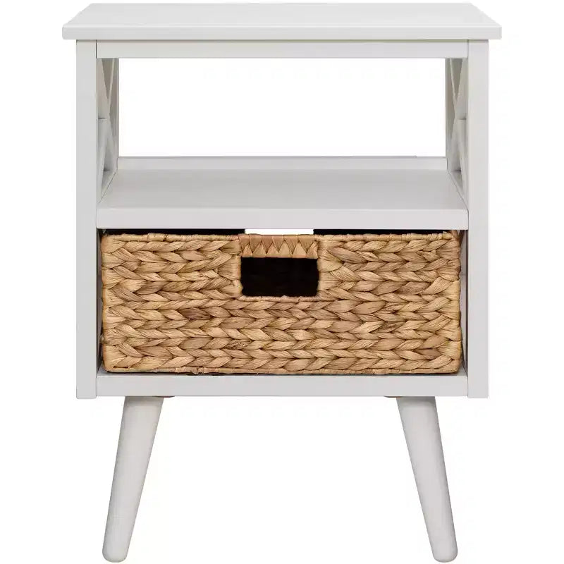Mid-Century Modern Nightstand End Table with Storage Shelf and Wicker Basket