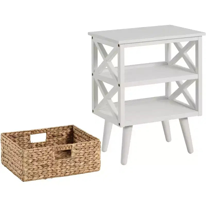 Mid-Century Modern Nightstand End Table with Storage Shelf and Wicker Basket