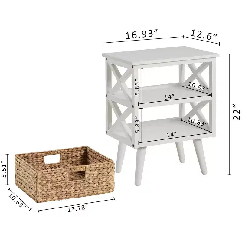 Mid-Century Modern Nightstand End Table with Storage Shelf and Wicker Basket
