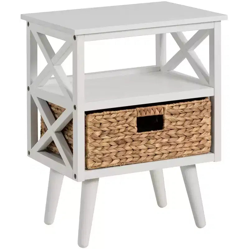 Mid-Century Modern Nightstand End Table with Storage Shelf and Wicker Basket