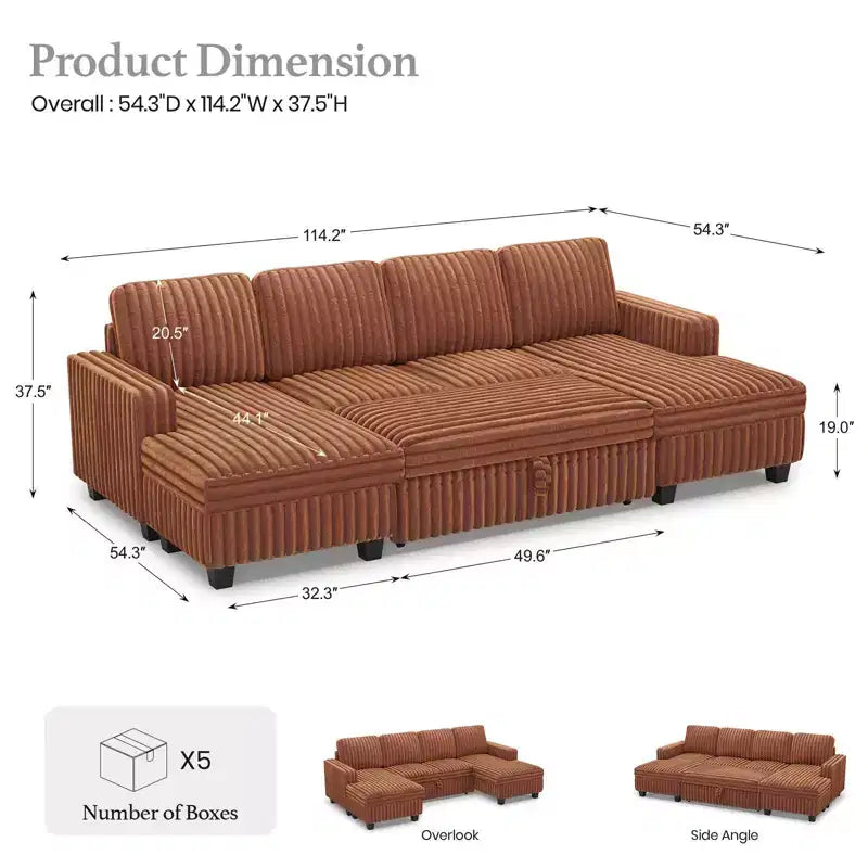 Modular Sectional Sleeper Sofa with Pull Out Couch Bed Corduroy Double Chaise with Storage