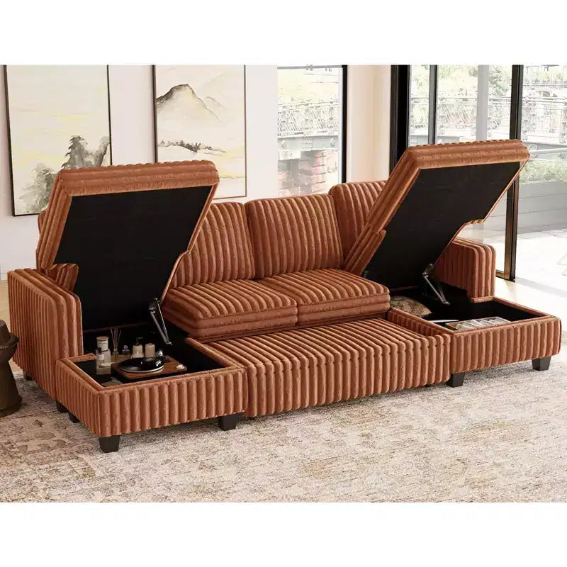 Modular Sectional Sleeper Sofa with Pull Out Couch Bed Corduroy Double Chaise with Storage