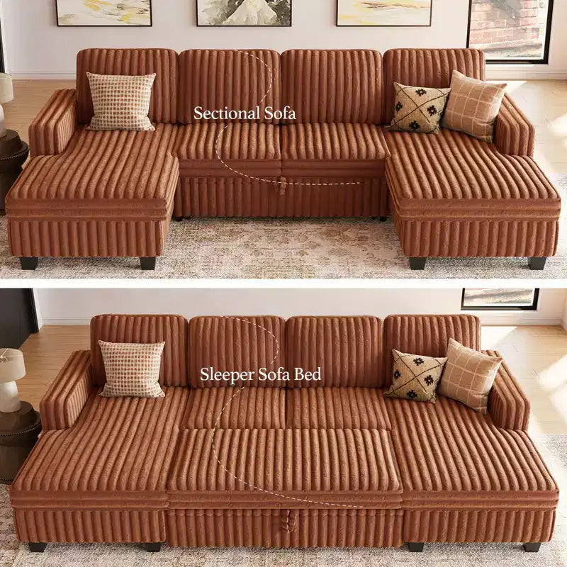 Modular Sectional Sleeper Sofa with Pull Out Couch Bed Corduroy Double Chaise with Storage
