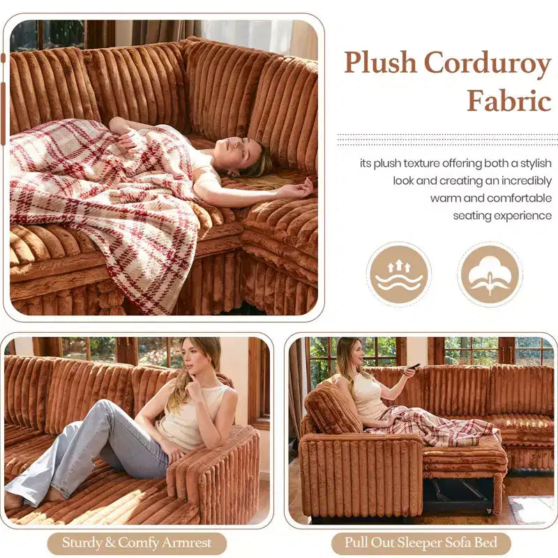 Modular Sectional Sleeper Sofa with Pull Out Couch Bed Corduroy Double Chaise with Storage