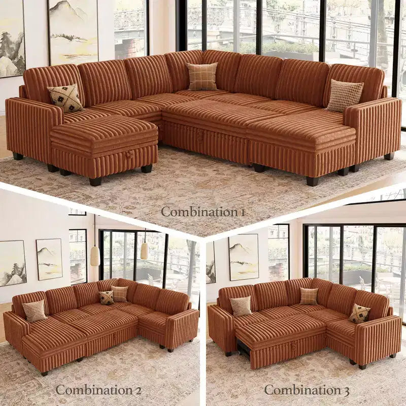 Modular Sectional Sleeper Sofa with Pull Out Couch Bed Corduroy Double Chaise with Storage