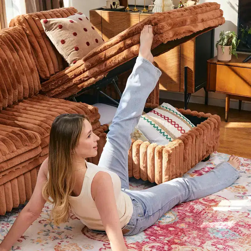 Modular Sectional Sleeper Sofa with Pull Out Couch Bed Corduroy Double Chaise with Storage
