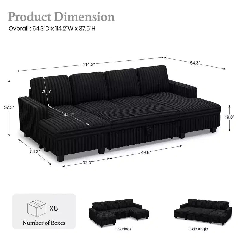 Modular Sectional Sleeper Sofa with Pull Out Couch Bed Corduroy Double Chaise with Storage