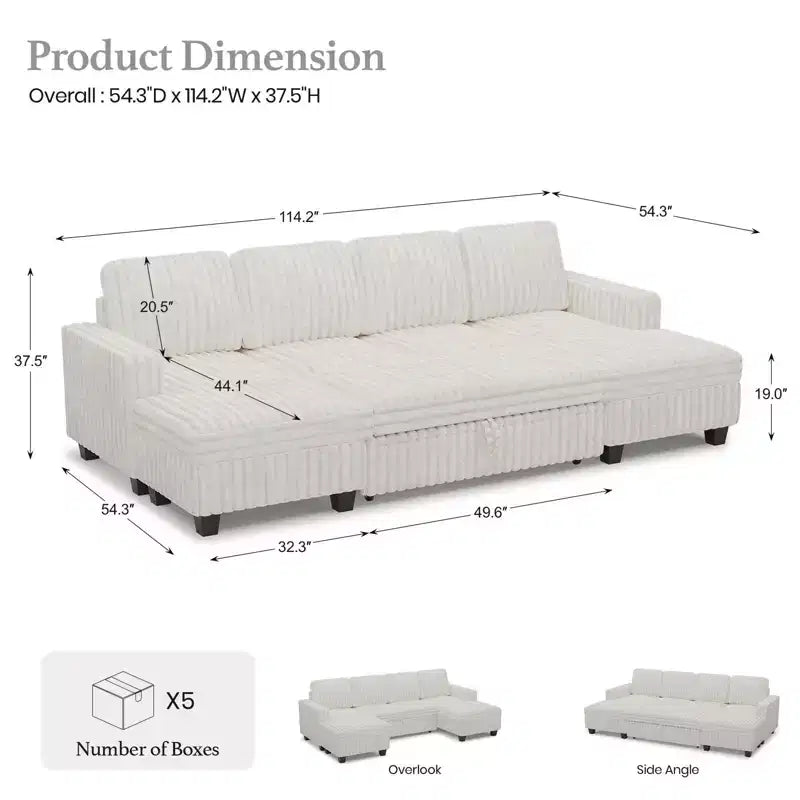 Modular Sectional Sleeper Sofa with Pull Out Couch Bed Corduroy Double Chaise with Storage