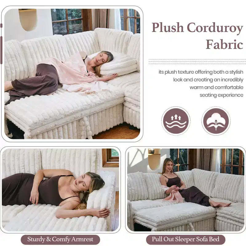 Modular Sectional Sleeper Sofa with Pull Out Couch Bed Corduroy Double Chaise with Storage