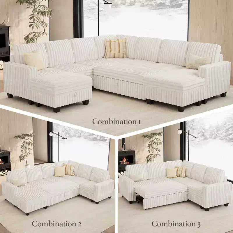 Modular Sectional Sleeper Sofa with Pull Out Couch Bed Corduroy Double Chaise with Storage