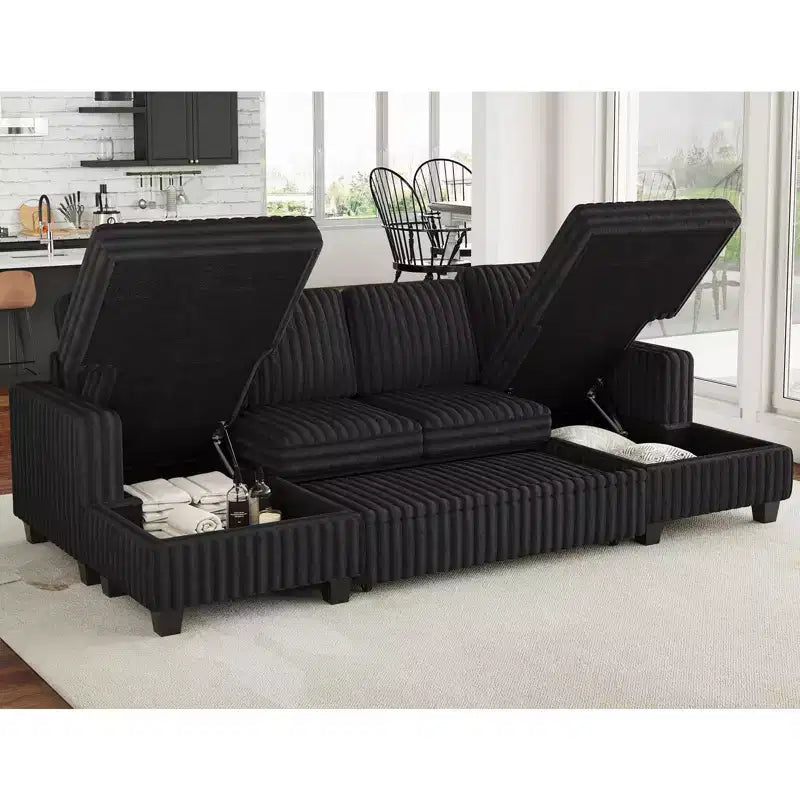 Modular Sectional Sleeper Sofa with Pull Out Couch Bed Corduroy Double Chaise with Storage