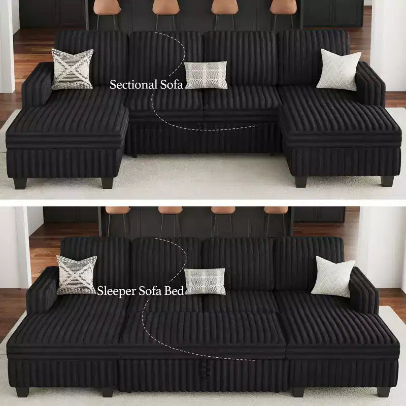 Modular Sectional Sleeper Sofa with Pull Out Couch Bed Corduroy Double Chaise with Storage