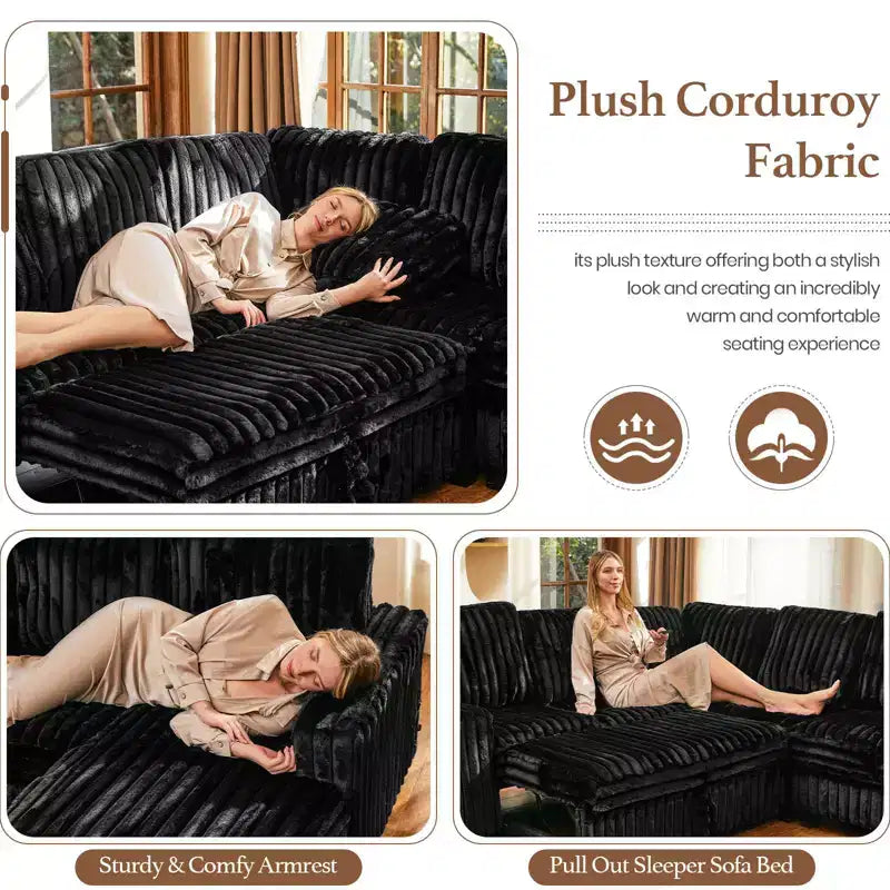 Modular Sectional Sleeper Sofa with Pull Out Couch Bed Corduroy Double Chaise with Storage