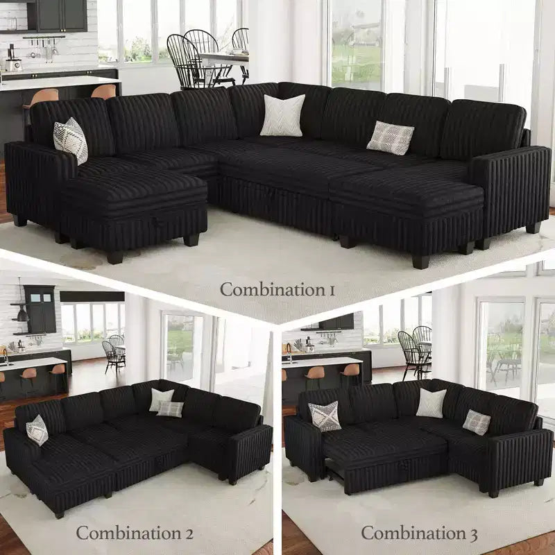 Modular Sectional Sleeper Sofa with Pull Out Couch Bed Corduroy Double Chaise with Storage