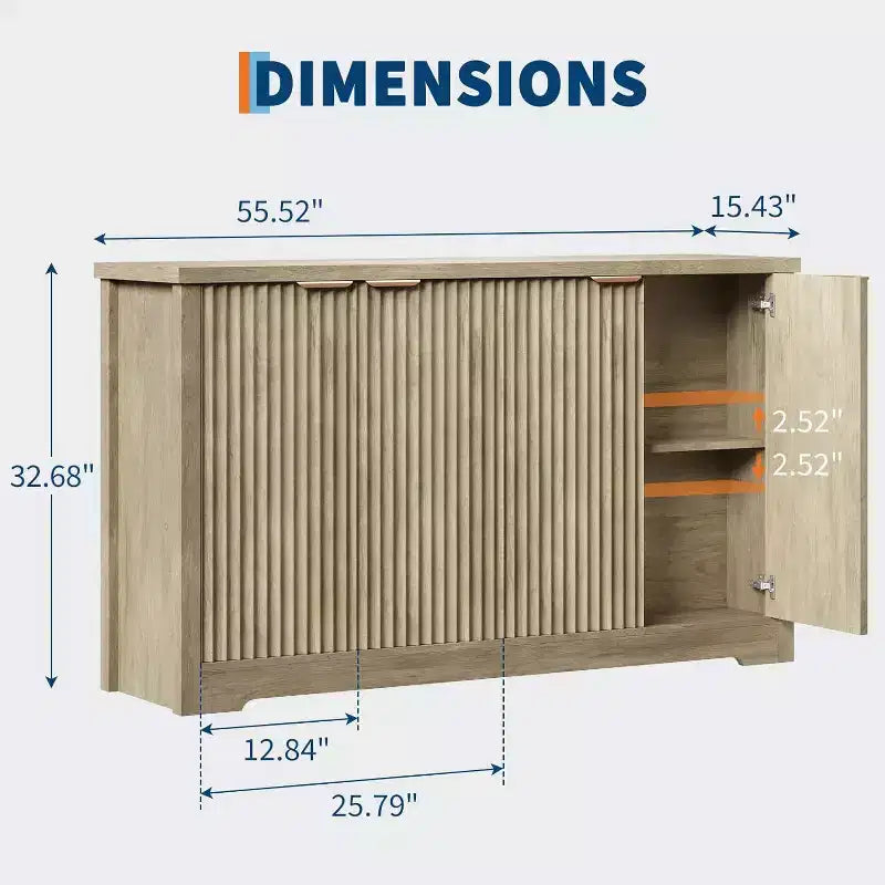 Modern Fluted Wood Sideboard Cabinet with 4 Doors and Adjustable Shelf, Spacious Tabletop, Versatile Buffet and Coffee Bar Console for Dining Room