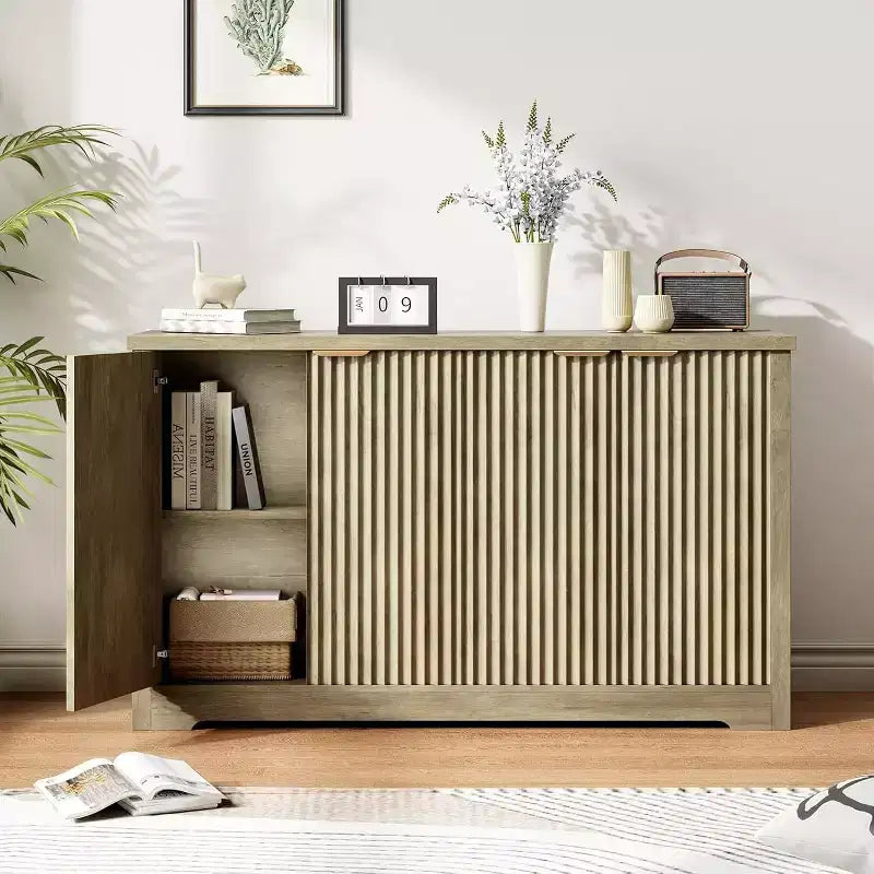 Modern Fluted Wood Sideboard Cabinet with 4 Doors and Adjustable Shelf, Spacious Tabletop, Versatile Buffet and Coffee Bar Console for Dining Room