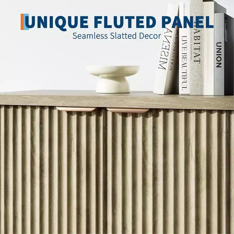Modern Fluted Wood Sideboard Cabinet with 4 Doors and Adjustable Shelf, Spacious Tabletop, Versatile Buffet and Coffee Bar Console for Dining Room