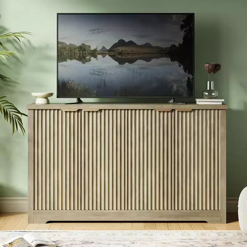 Modern Fluted Wood Sideboard Cabinet with 4 Doors and Adjustable Shelf, Spacious Tabletop, Versatile Buffet and Coffee Bar Console for Dining Room