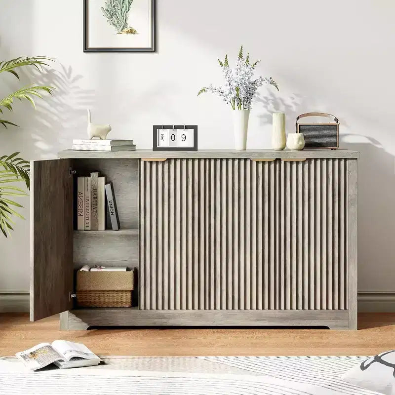 Modern Fluted Wood Sideboard Cabinet with 4 Doors and Adjustable Shelf, Spacious Tabletop, Versatile Buffet and Coffee Bar Console for Dining Room