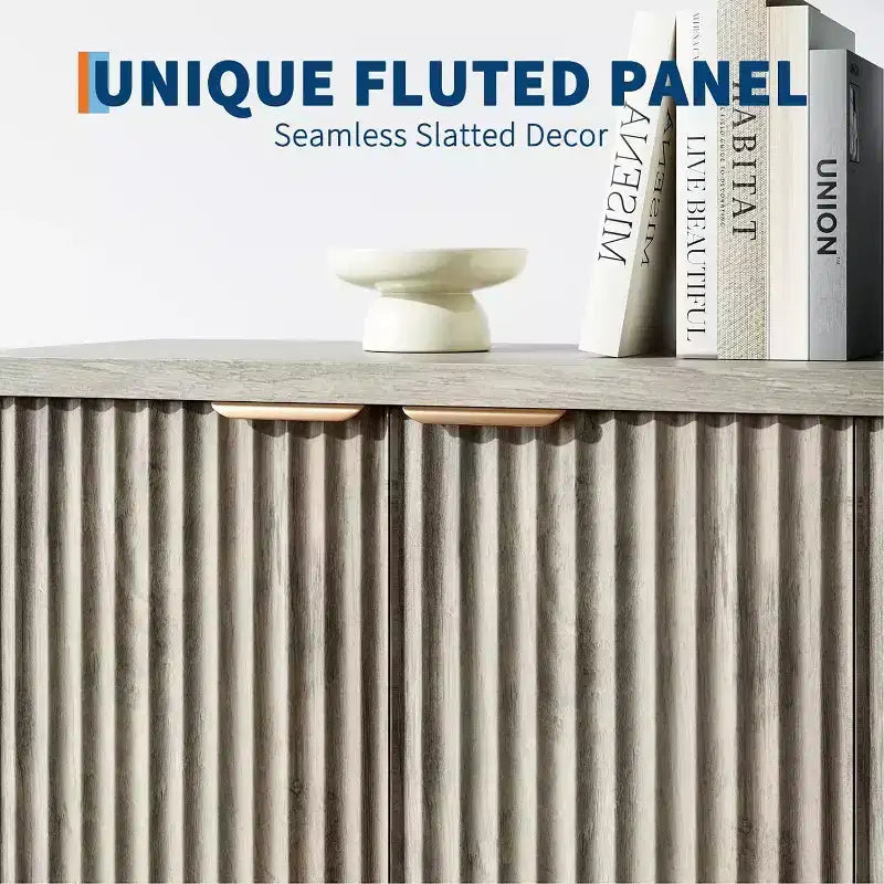 Modern Fluted Wood Sideboard Cabinet with 4 Doors and Adjustable Shelf, Spacious Tabletop, Versatile Buffet and Coffee Bar Console for Dining Room