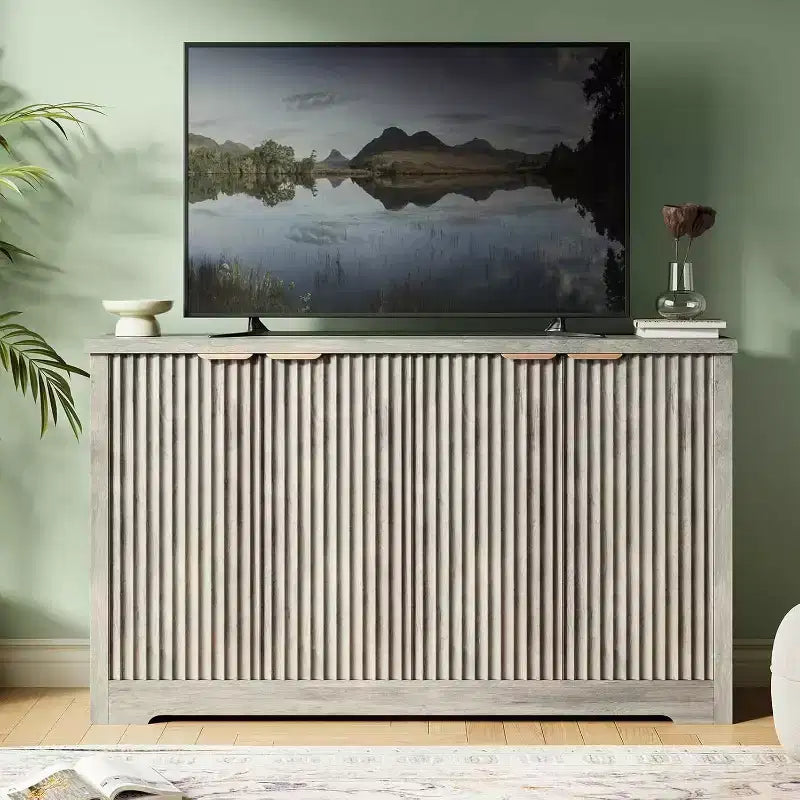 Modern Fluted Wood Sideboard Cabinet with 4 Doors and Adjustable Shelf, Spacious Tabletop, Versatile Buffet and Coffee Bar Console for Dining Room