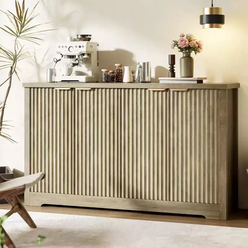 Modern Fluted Wood Sideboard Cabinet with 4 Doors and Adjustable Shelf, Spacious Tabletop, Versatile Buffet and Coffee Bar Console for Dining Room