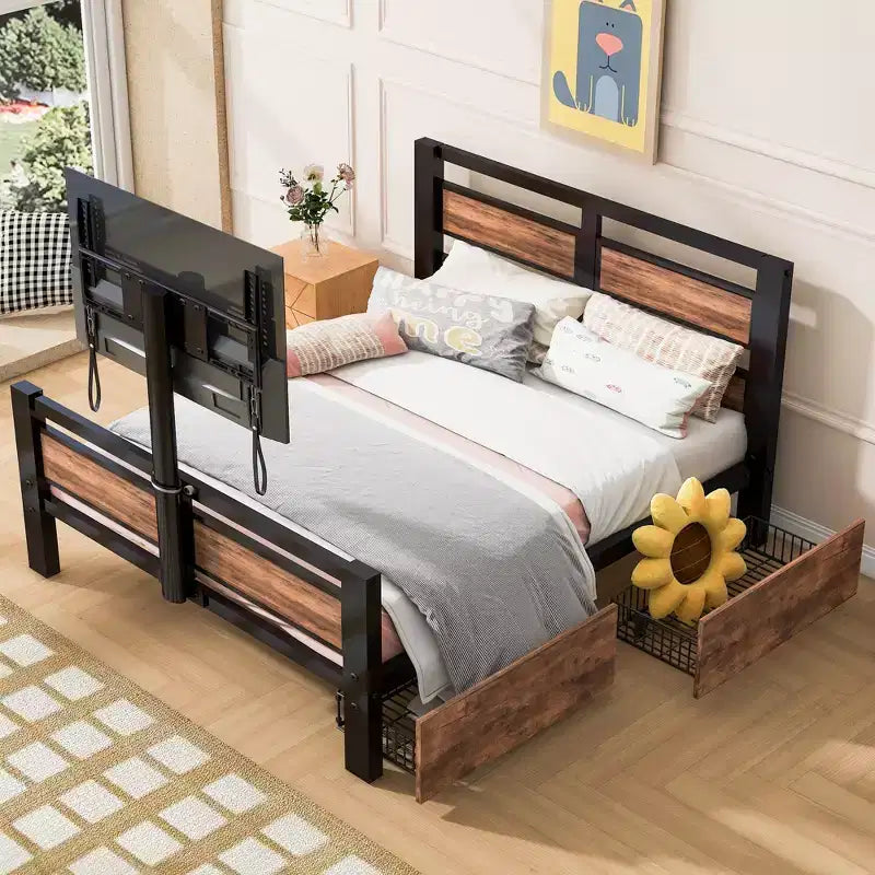 Twin Size Metal Platform Bed Frame with MDF Headboard Footboard, 2 Storage Drawers Rotatable TV Stand, Industrial, Black