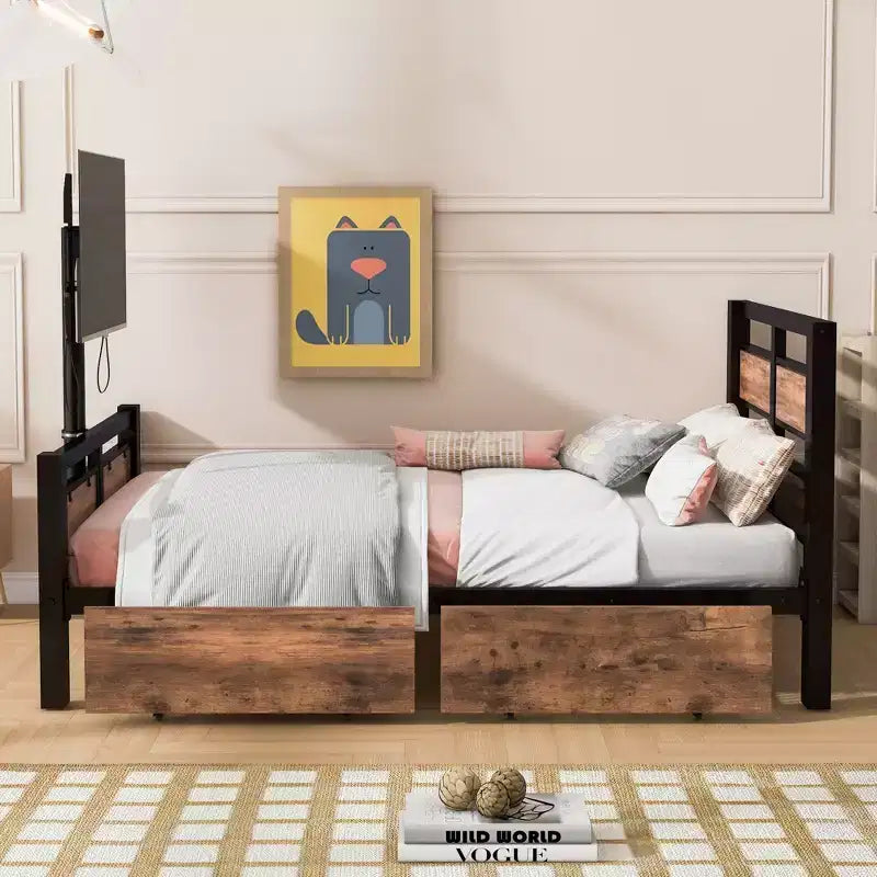 Twin Size Metal Platform Bed Frame with MDF Headboard Footboard, 2 Storage Drawers Rotatable TV Stand, Industrial, Black