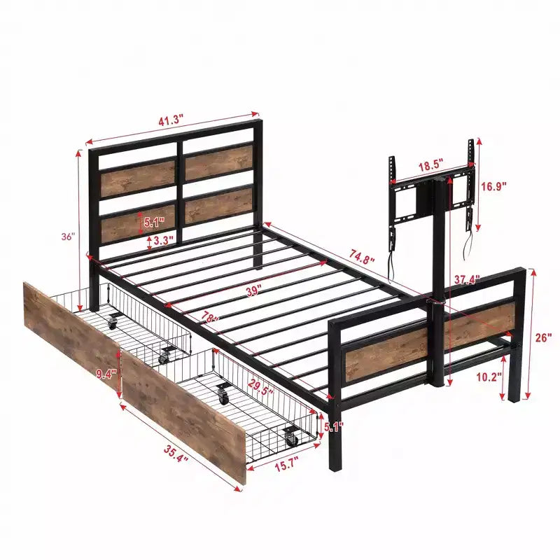 Twin Size Metal Platform Bed Frame with MDF Headboard Footboard, 2 Storage Drawers Rotatable TV Stand, Industrial, Black