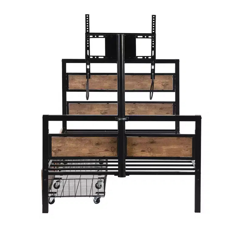 Twin Size Metal Platform Bed Frame with MDF Headboard Footboard, 2 Storage Drawers Rotatable TV Stand, Industrial, Black