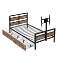 Cadre de lit plateforme en métal de taille double avec tête et pied de lit en MDF, 2 tiroirs de rangement, support TV rotatif, industriel, noir