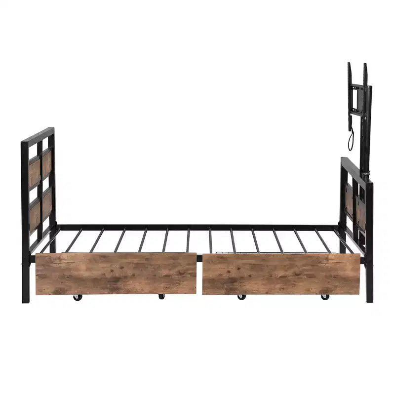 Twin Size Metal Platform Bed Frame with MDF Headboard Footboard, 2 Storage Drawers Rotatable TV Stand, Industrial, Black