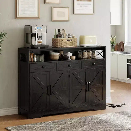 51-Inch Large Buffet Cabinet with Storage and Charging Station, Modern Farmhouse Coffee Bar Sideboard, Featuring 3 Drawers and Doors