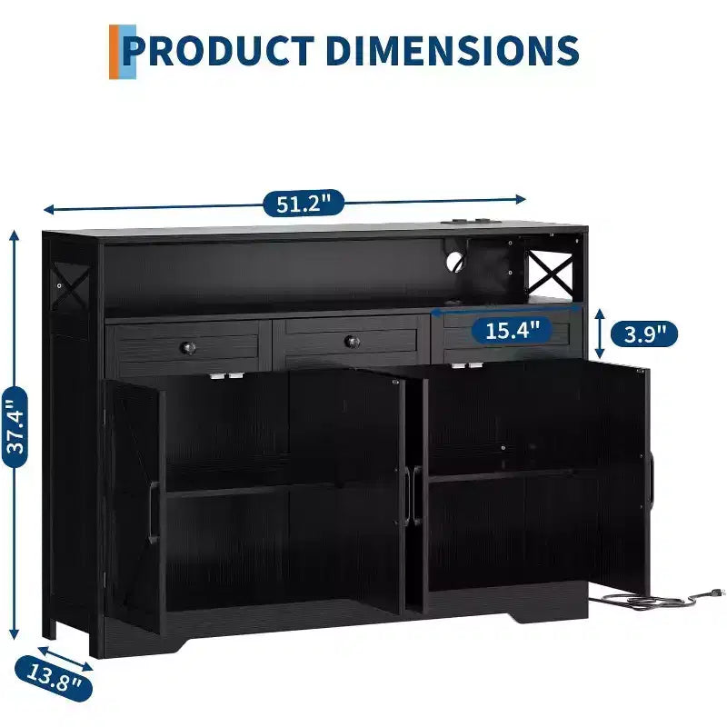 51-Inch Large Buffet Cabinet with Storage and Charging Station, Modern Farmhouse Coffee Bar Sideboard, Featuring 3 Drawers and Doors